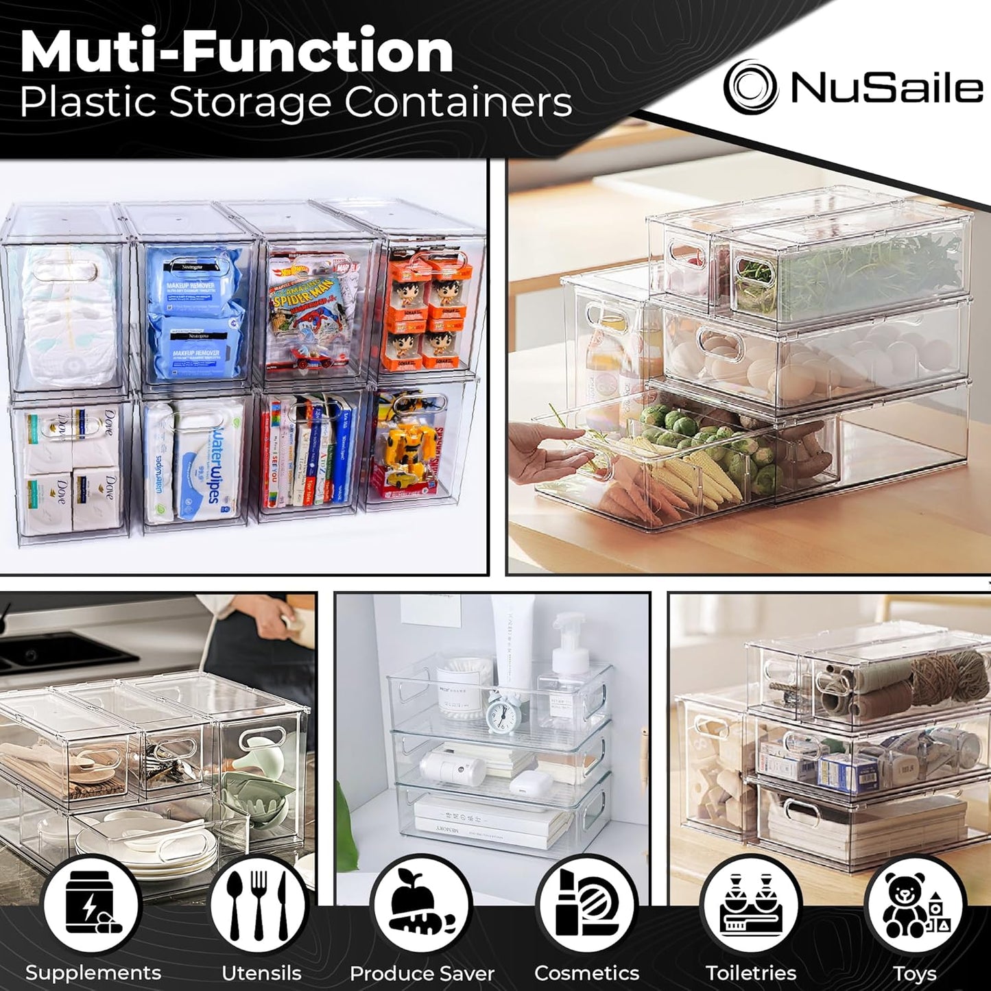 Stackable Refrigerator Organizer Bins - Pull Out Drawers with Handles for Vegetable and Fruit Storage, 3 Liter Plastic