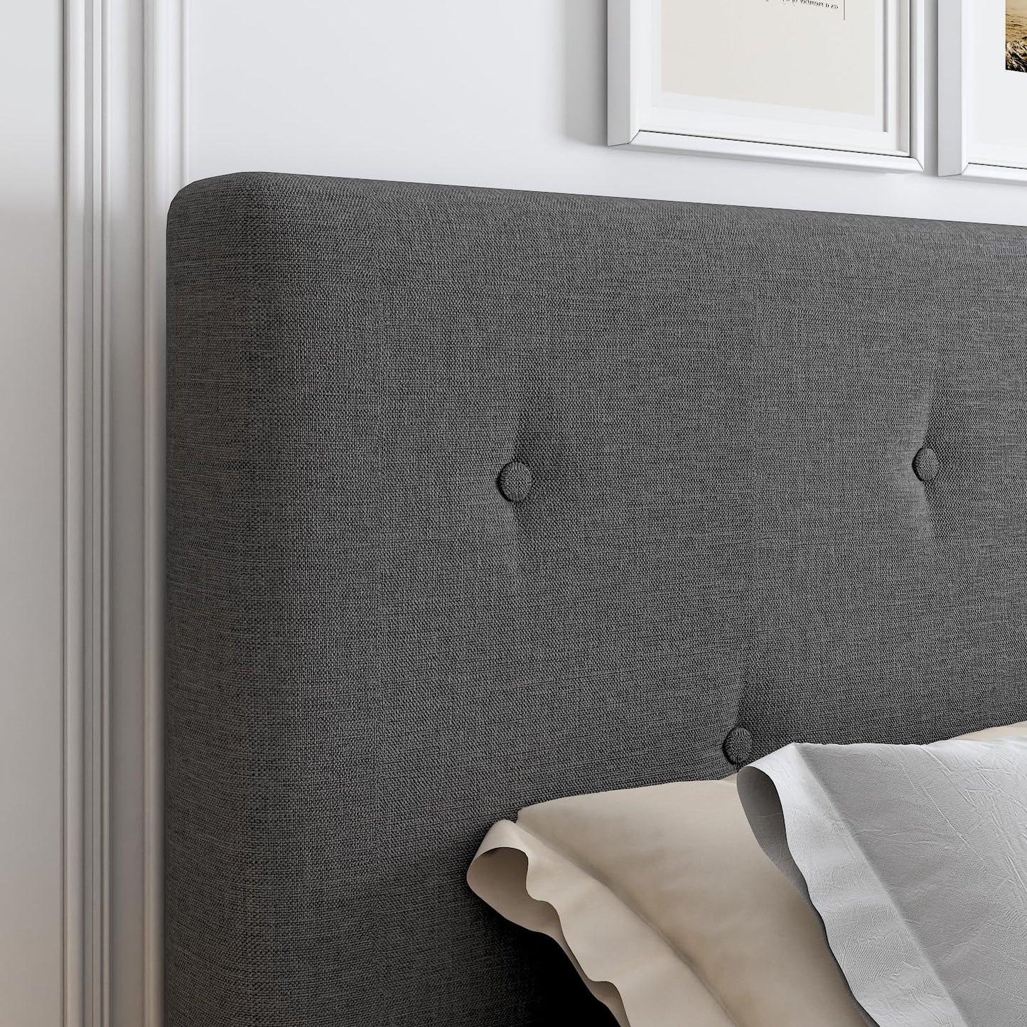 Mxhtcewz King Size Linen Bed Frame, Upholstered Platform Bed Frame with Adjustable Headboard, Wooden Slats Support, No Box Spring Needed, Easy Assembly, Grey