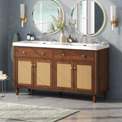 Merax 60 Inch Bathroom Vanity with Double Sink (SMC Sink), Large Storage Space with 2 Tip-Out Trays/Flip-Out Drawers and 4 Soft Closing Doors, Solid Wood Legs and Silver Metal Knobs, Brown