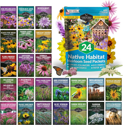 Native Wildflower Seeds | 24 Variety Pack for Butterfly & Bee-Friendly Gardens - Non-GMO Heirloom