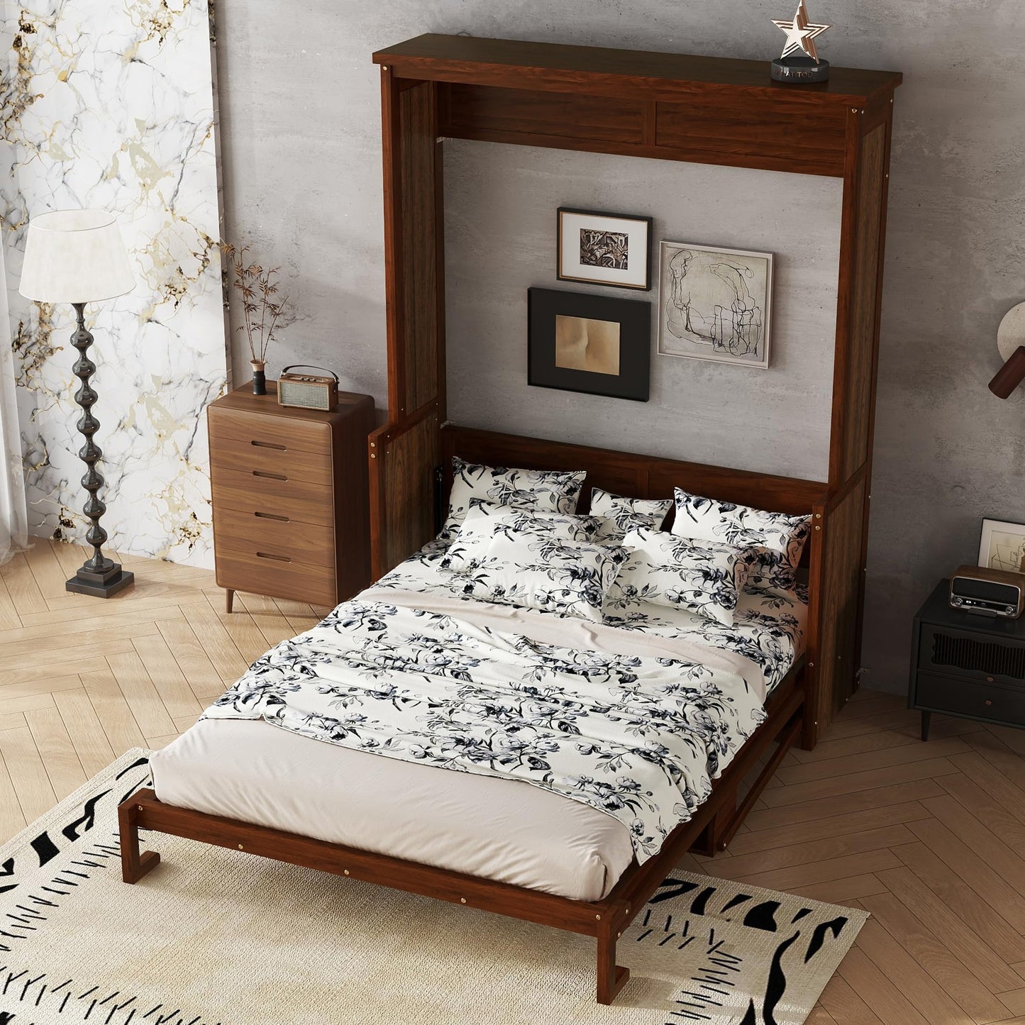 Ball & Cast Queen Size Murphy Bed W/Desk,Horizontal Hidden Wall Bed W/Gas Struts,Space-Saving Murphy Bed Cabinet for Home Office,Apartment,Guest Room,Walnut