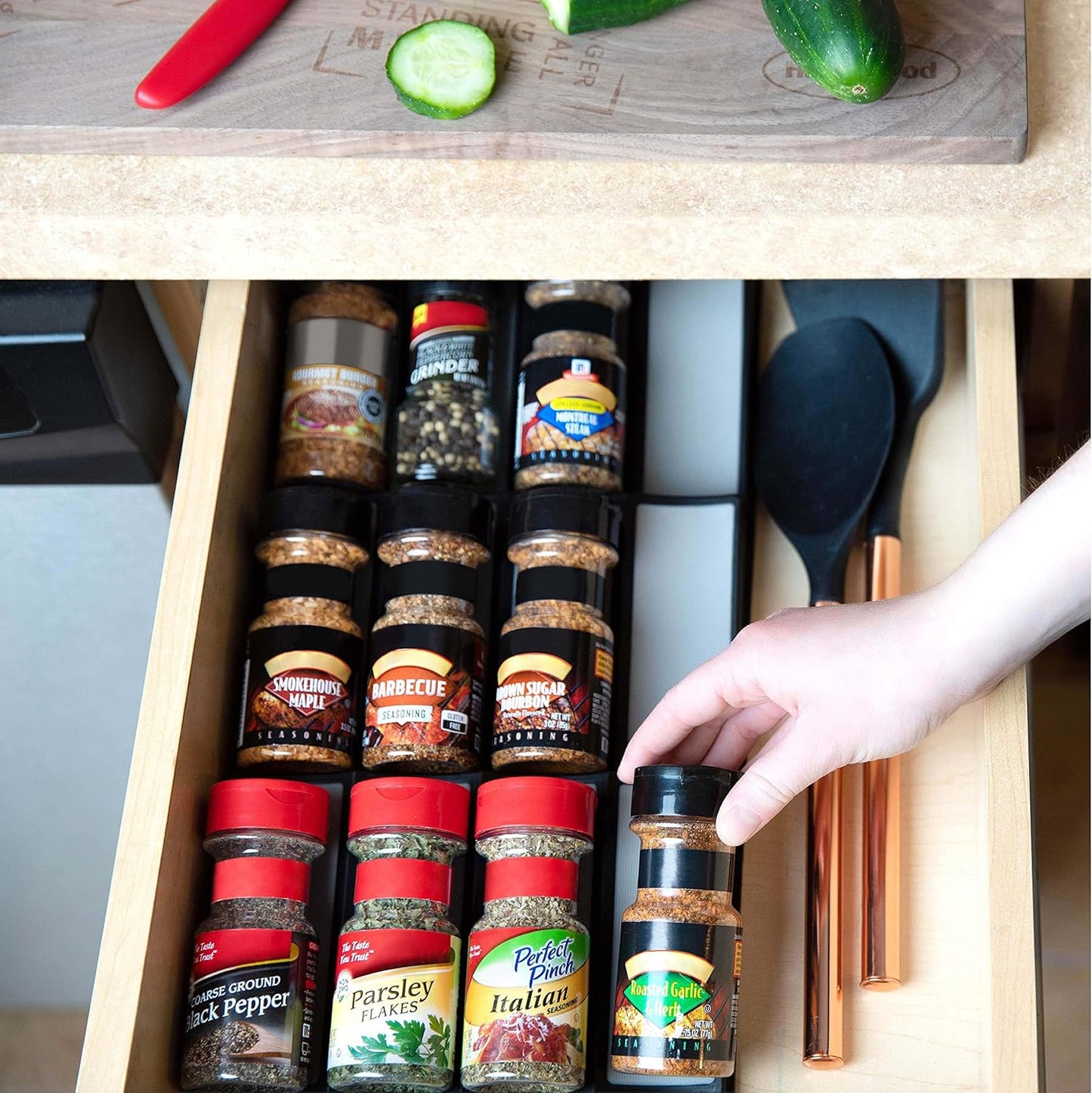 Spice Drawer Organizer - 3 Tier Kitchen Spice Rack Organizer for Drawer, Non-Skid Storage Tray