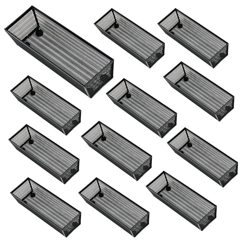 Neudeco Silverware Organizer,Mesh Drawer Organizer for Kitchen，Metal Utensil Organizer for Flatware, Knives, Spoons,Cosmetic (Black 9 * 3 * 2 inch Pack12)