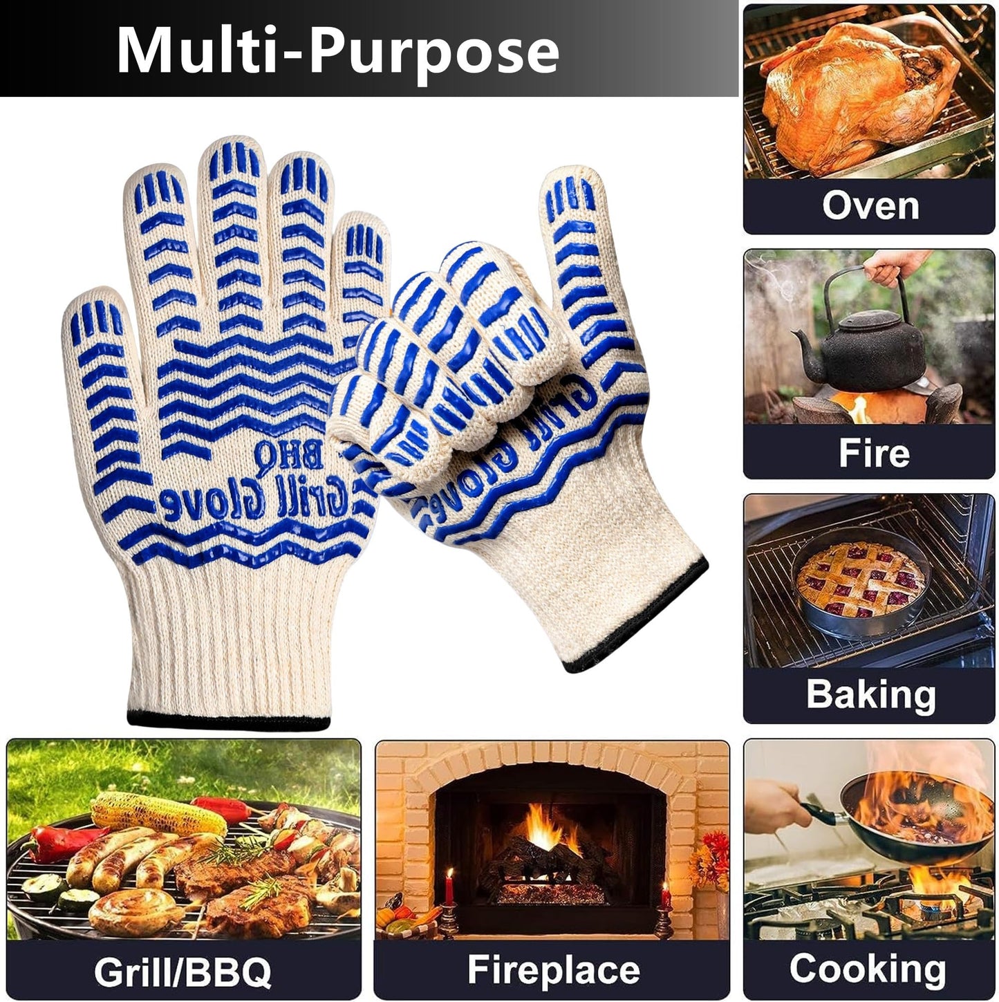 2 PCS Heat Resistant Oven Gloves - BBQ Gloves Grill Heat Resistant Cooking Gloves Fireproof Oven Gloves for Cooking, Non-Slip Fire Gloves for Grilling, Barbecue, Baking, Frying Oven Welding Gloves