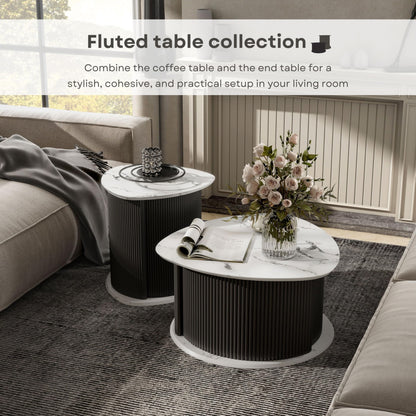 HOMES: Inside + Out Elara Modern 29-inch Triangle Coffee Table with Marble Tabletop, Fluted Iron Pedestal Base and Hidden Storage for Small Space, Living Room, Home Office, Black