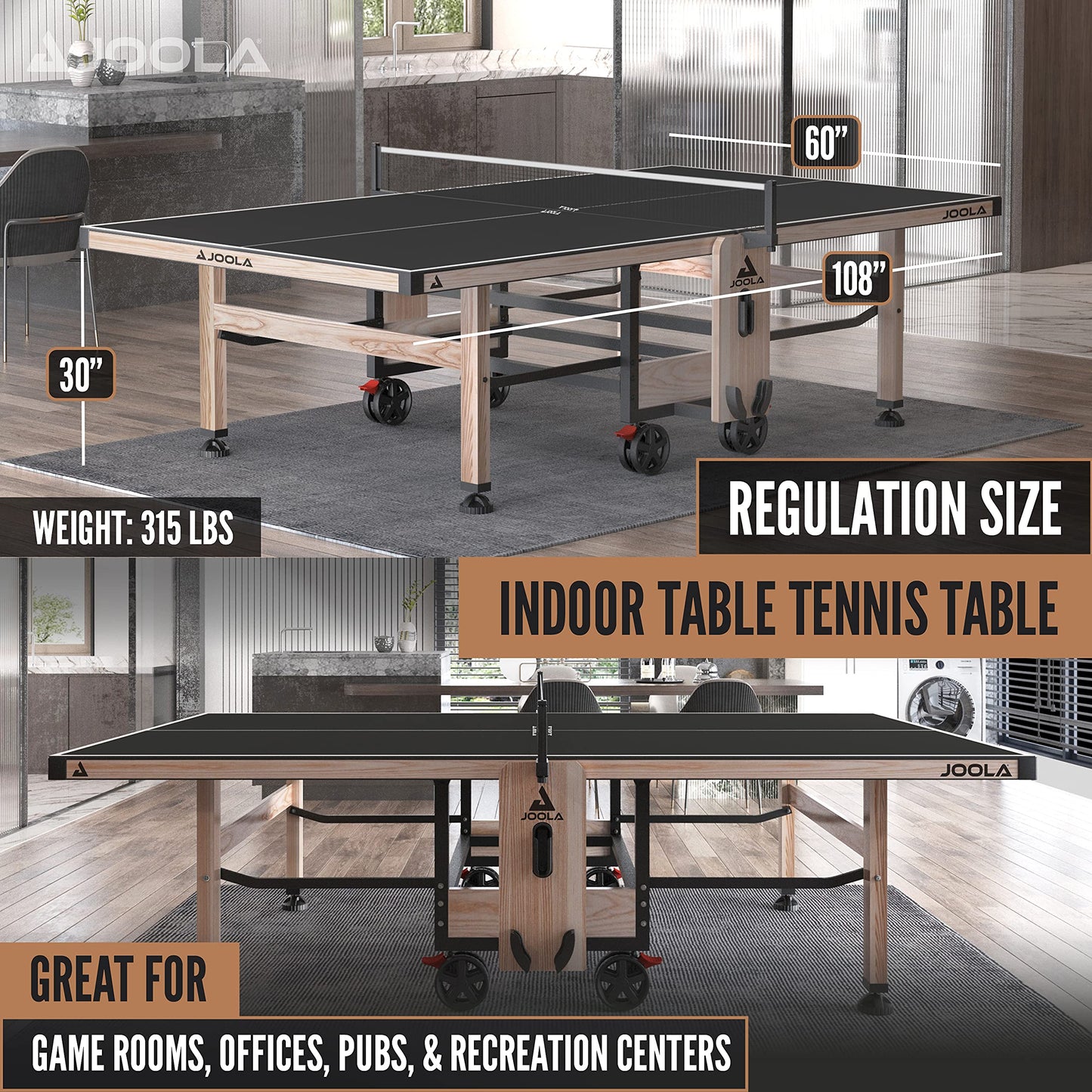 JOOLA Madeira Indoor Table Tennis Table - Wood & Steel Contemporary Design - Regulation Size High-End Ping Pong Table with Built in Racket & Ball Holders - Tournament Level Permanent Ping Pong Net