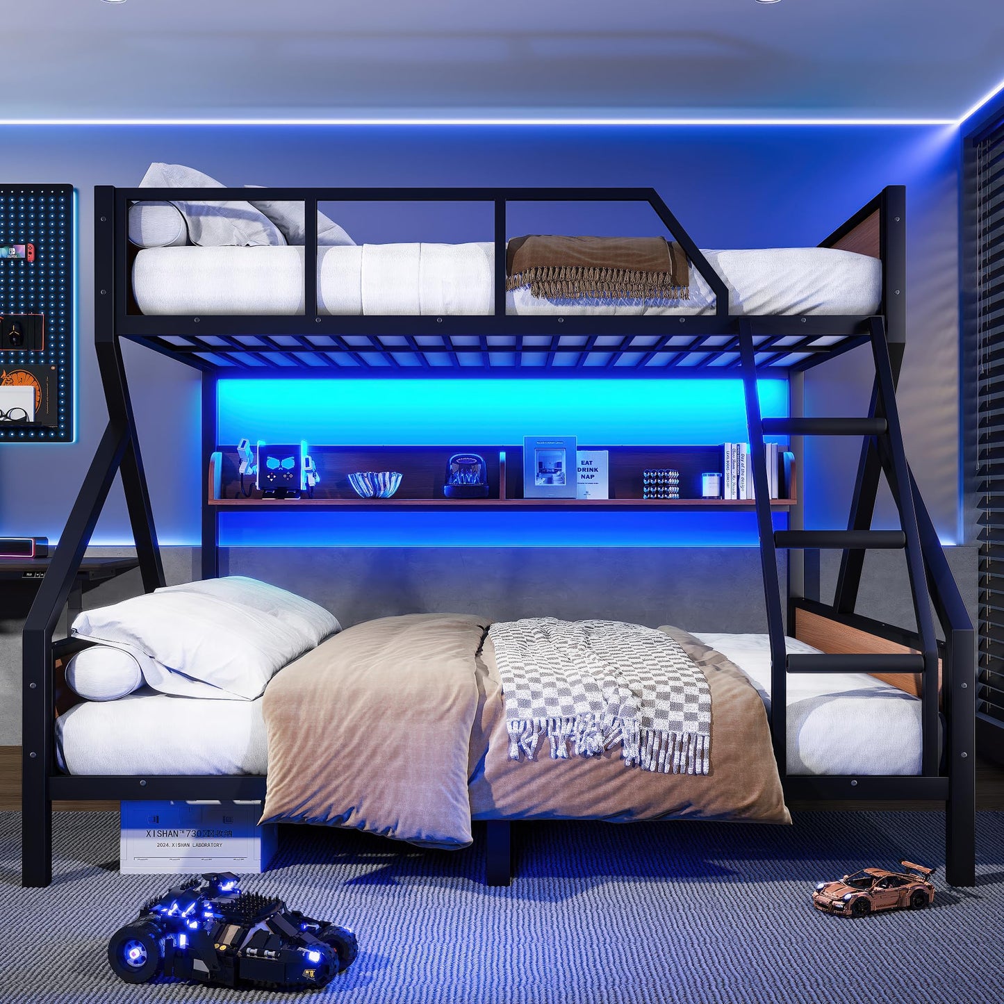 Bellemave Queen Over King Size Bunk Bed with Storage Shelves and LED Lights,Heavy Duty Adult Bunk Beds with Angled Ladder,Metal Queen Bunk Bed,Black