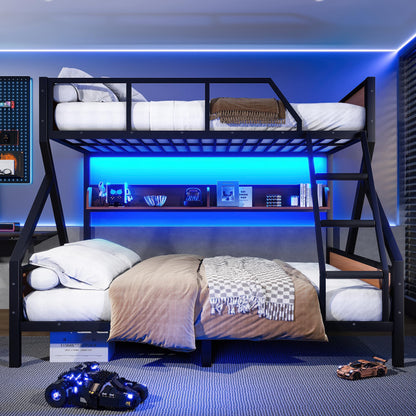 Bellemave Queen Over King Size Bunk Bed with Storage Shelves and LED Lights,Heavy Duty Adult Bunk Beds with Angled Ladder,Metal Queen Bunk Bed,Black