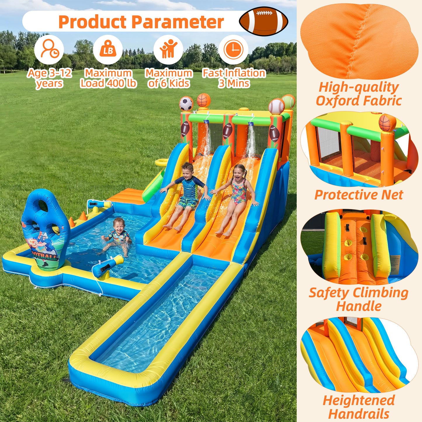 TOAOB Inflatable Water Slide for Kids 3-12: Blow Up Backyard Water Park with 2 Slides - 9 in 1 Football-Themed with 550W Blower for Outdoor Birthday Party