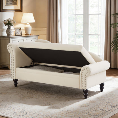 ERYE Velvet Upholstered Right Facing Chaise Lounge Chair, Beige Chaise Lounge Storage W/Nailhead Trim, Wood Legs, Classic Recliner Lounger Accent Sofa for Living Room Bedroom