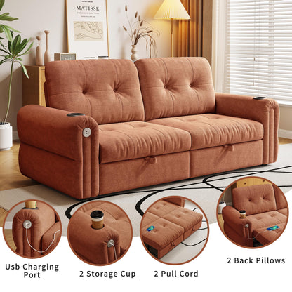 KEIKI 3 in 1 Sleeper Sofa Bed, 80.4" Pull Out Couch, Loveseat Sofa Futon Bed with USB Port for Living Room, Bedroom, Apartment, Orange