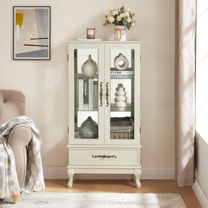 KEIKI 52" Glass Display Cabinet with Carved Metal Handle & Adjustable Shelves, Storage Curio Cabinet with 2 Door & 1 Drawer, 3-Tier Showcase Display Case, Easy Assembly, for Living Room, White