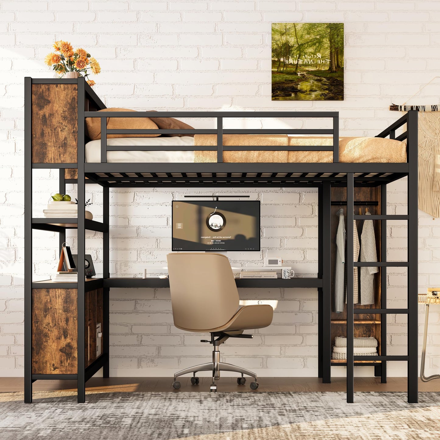 Ball & Cast Metal Loft Bed with Wardrobe and L-Shaped Desk,Queen Size Loft Bed with Storage Cubes and Shelves,Heavy Duty Loft Bed Frame for Kids Teens Adults,No Box Spring Need,Black+Brown