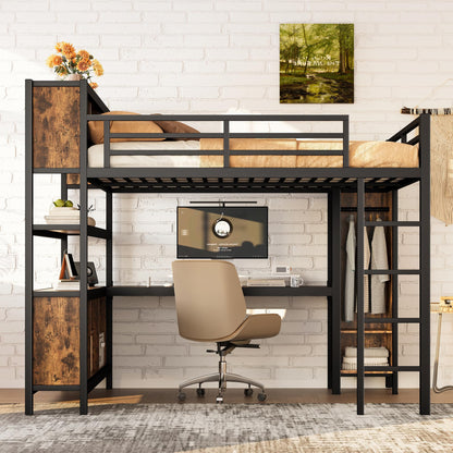 Ball & Cast Metal Loft Bed with Wardrobe and L-Shaped Desk,Queen Size Loft Bed with Storage Cubes and Shelves,Heavy Duty Loft Bed Frame for Kids Teens Adults,No Box Spring Need,Black+Brown