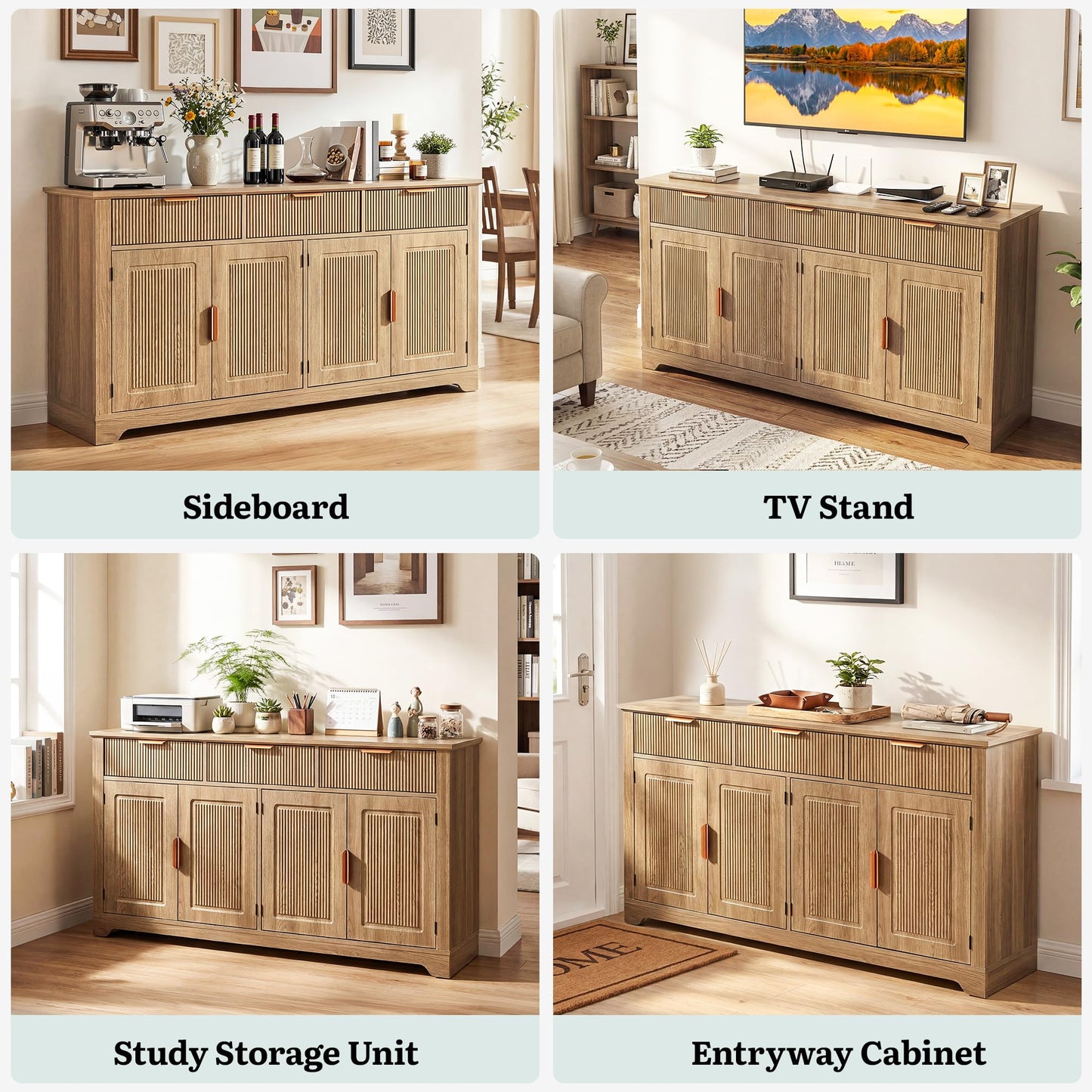 YITAHOME 59" Fluted Sideboard Buffet Cabinet with Storage, Wood Kitchen Storage Cabinet with Adjustable Shelves & Drawers, Mid Century Modern Credenza for Kitchen, Living Room, Entryway (Natural Oak)