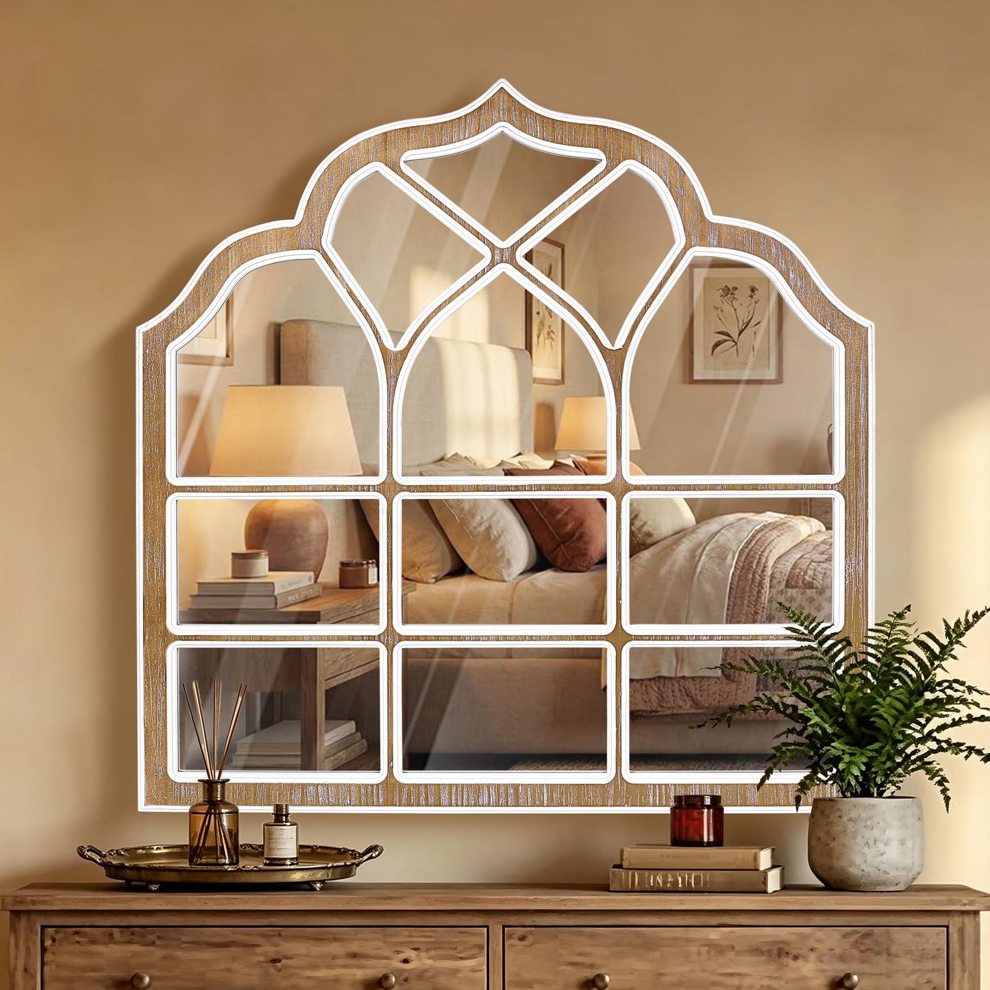 XGGJWW 36x36 Inch Window Pane Wall Mirror, Farmhouse Gothic Arched Mirror, Rustic Decorative Cathedral Mirror for Living Room Entryway Home Decor