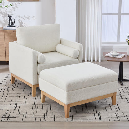 KEIKI 35.4" W Upholstered Accent Chair with Pillow, Ottoman with Convertible Reversible Lid Coffee Table & Storage, Farmhouse Boucle Single Seat Sofa Wood Legs, Ivory and Natural