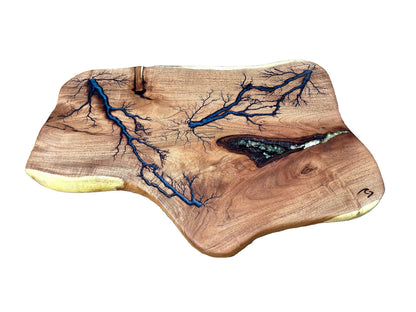 Charcuterie Board Fractal Art Live Edge Mesquite w/Arizona Turquoise Rocks Inlay