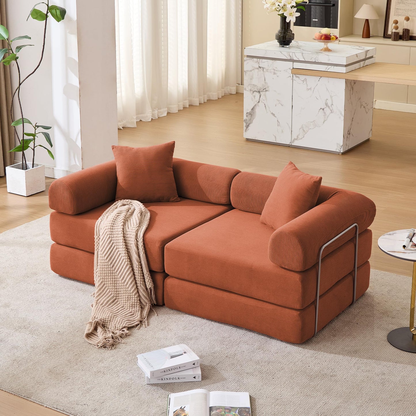 KEIKI 73" Corduroy Modular Sofa Bed with Removable Rolled Armrests and 2 Throw Pillow, Modern Style Convertible 2-Seater Upholstered Couch, No Assembly, for Apartment, Living Room, Orange