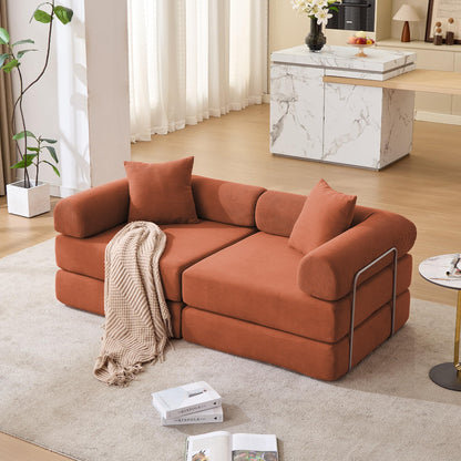 KEIKI 73" Corduroy Modular Sofa Bed with Removable Rolled Armrests and 2 Throw Pillow, Modern Style Convertible 2-Seater Upholstered Couch, No Assembly, for Apartment, Living Room, Orange