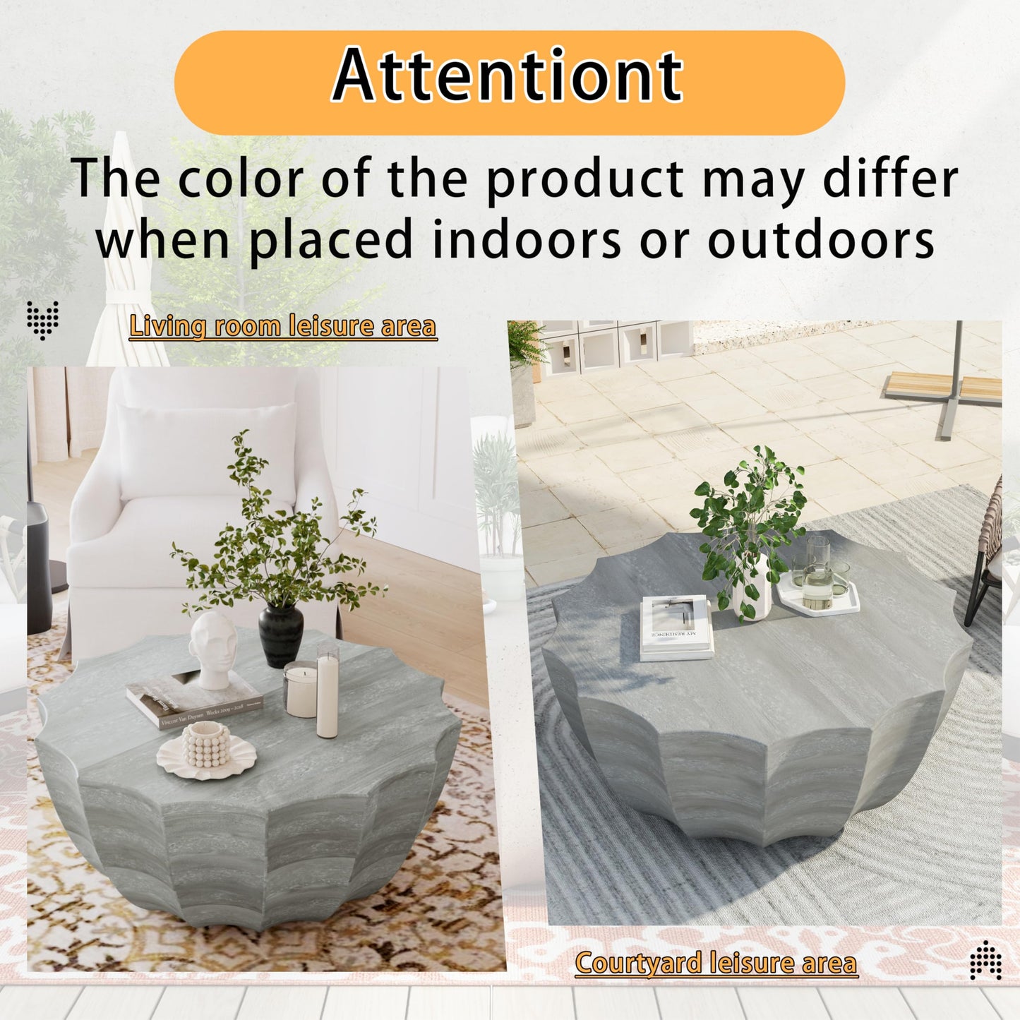GDFStudio 35.43" Modern Indoor Outdoor Coffee Table, Waterproof Cement Round Table, MgO Concrete Circle Side Table, Creative Small Table for Patio Backyard Living Room, Fully Assembled, Marble+White