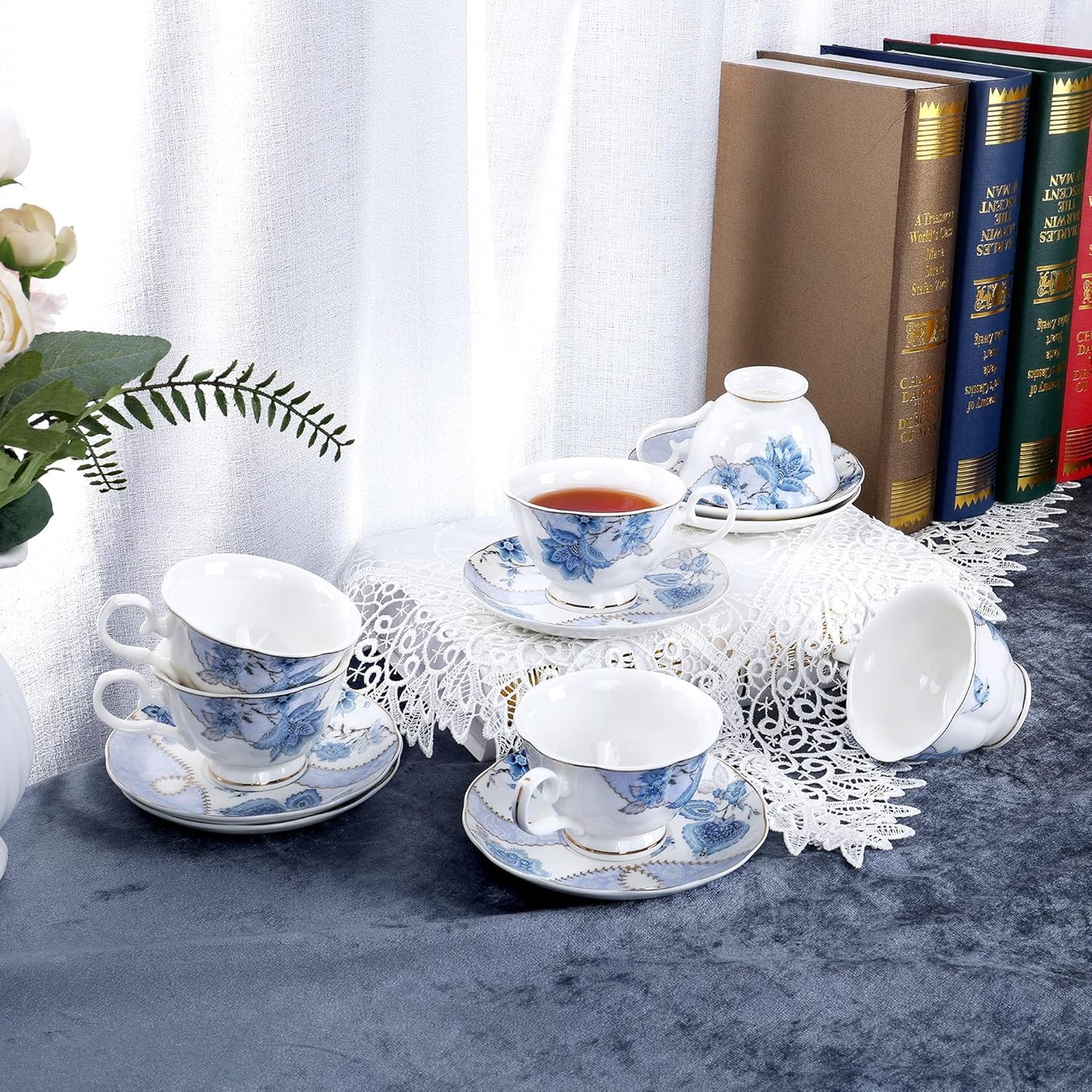 Set 6(5 oz), fanquare Floral Coffee Cups of Porcelain Cappuccino Cups with Saucers, Tea Cup for Birthday Wedding Party