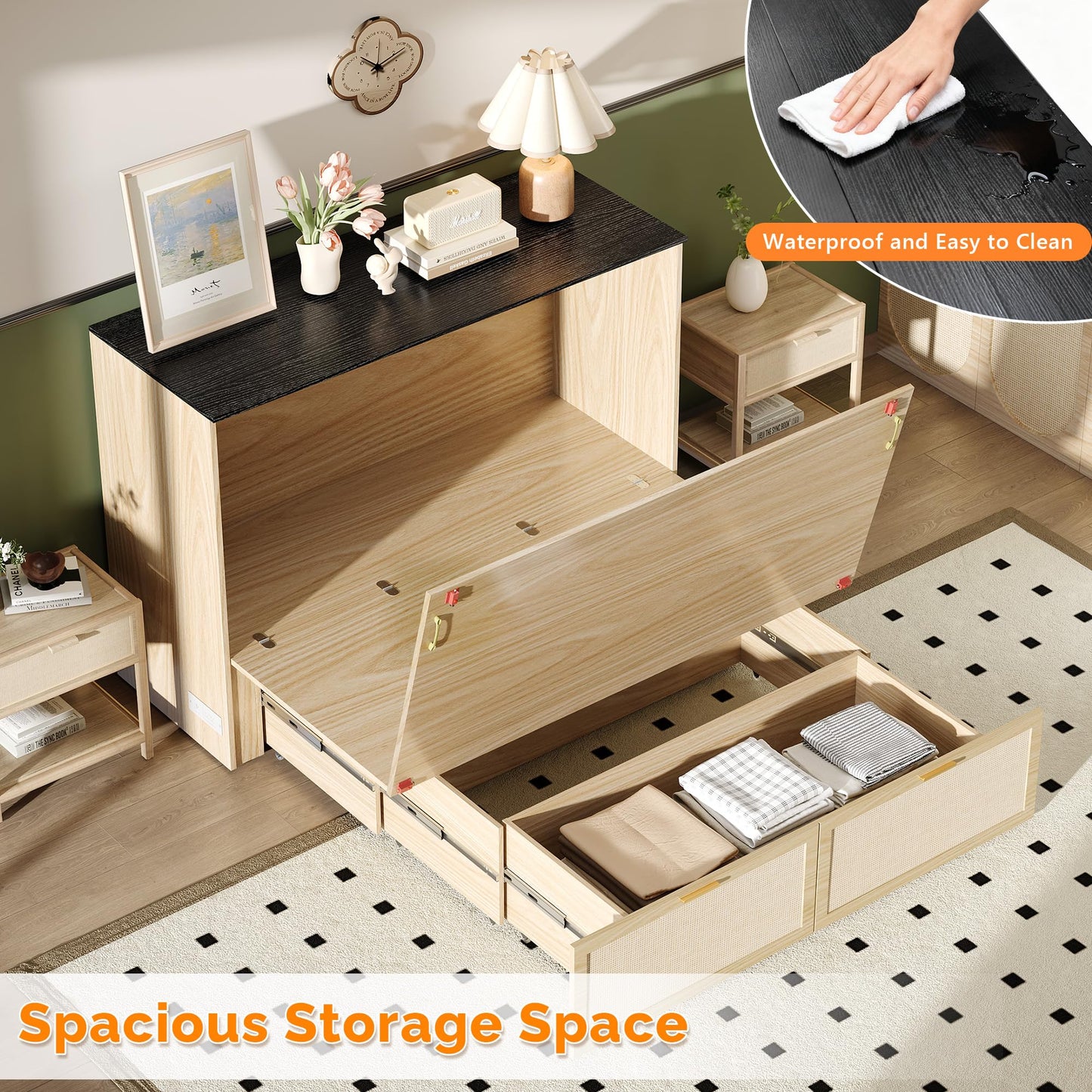 VINGLI Full Size Rattan Murphy Bed with Storage Drawer,2 Charging Station, Boho,Hideaway Paltform Panel Bed for Small Spaces,Guest Room,Office,Apartment, Space-Saving Cabinet Bed,Oak White