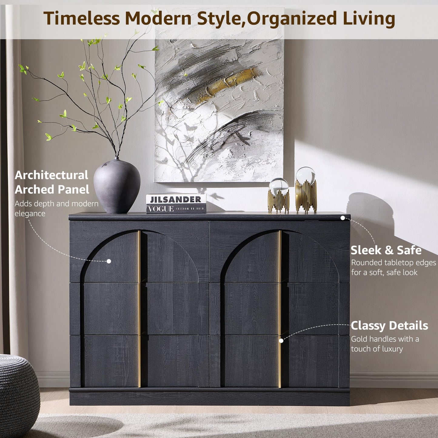 ACCOHOHO Arched Dresser for Bedroom with 6 Drawers, 47.3" Wide Modern Chest of Drawers with Rounded Edge & Metal Handles, Wood Storage Closet Dressers TV Stand for Living Room, Hallway, Black