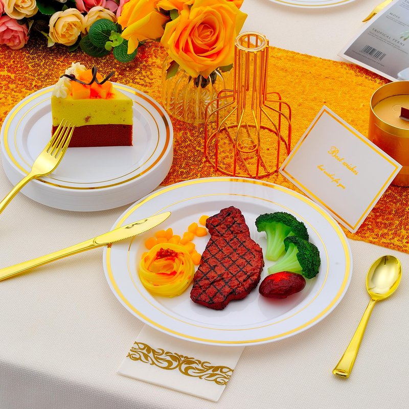 ISFANGCO 700 PCS Gold Plastic Dinnerware for 100 Guests, Gold and White Disposable Plates include 100 Dinner Plates,100 Dessert Plates,100 Silverware Set,100 Cups,100 Napkins