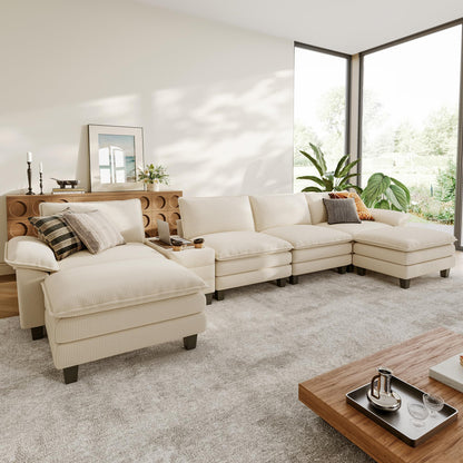 LINSY HOME Modular Sectional Sofa for Living Room, Corduroy Cloud Couch with Storage Console, USB Charging, Cup Holders, Comfy Modern Modular Cloud Couches with Movable Ottoman (Beige)