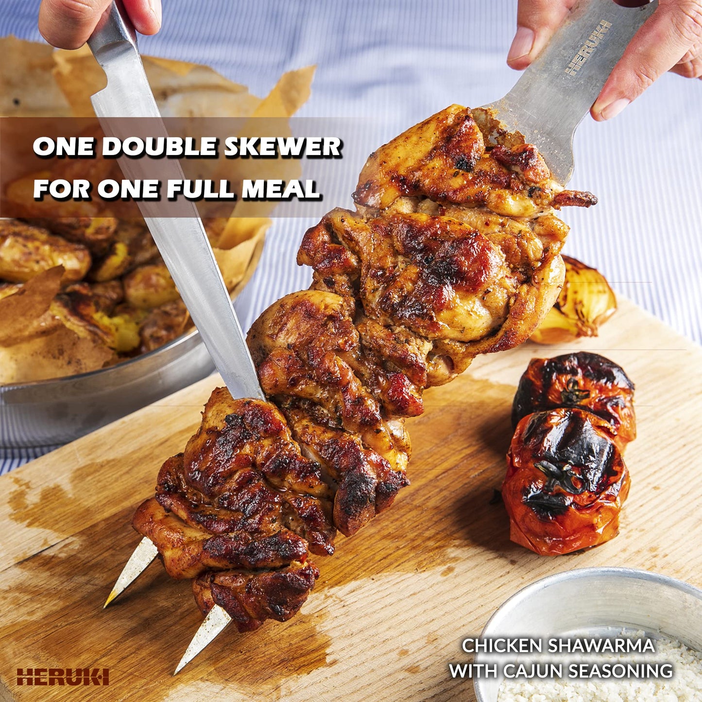 HERUKI Double Skewers 14.4" Stainless Steel Heavy Duty Double Prong Valentine’s Day Gift for Him Skewers for BBQ Kabob Shawarma Meat Fish Chicken Accessories for Grill Master Arsenal - 2 Units