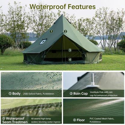 Bell Tent with Stove Jack – Spacious 13.1ft Family Glamping Yurt, 4-6 Person, 4 Season, Easy Setup, Waterproof, Ventilated Outdoor Shelter (13.1ft(Green)
