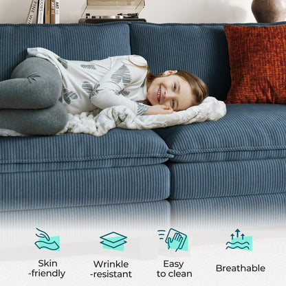 LINSY HOME 123'' Modular Sectional Sofa Blue Couch Corduroy Cloud Couches for Living Room, L Shaped Couch with Movable Ottoman, Modern Cloud Sectional Sofas for Bedroom and Apartment, Blue