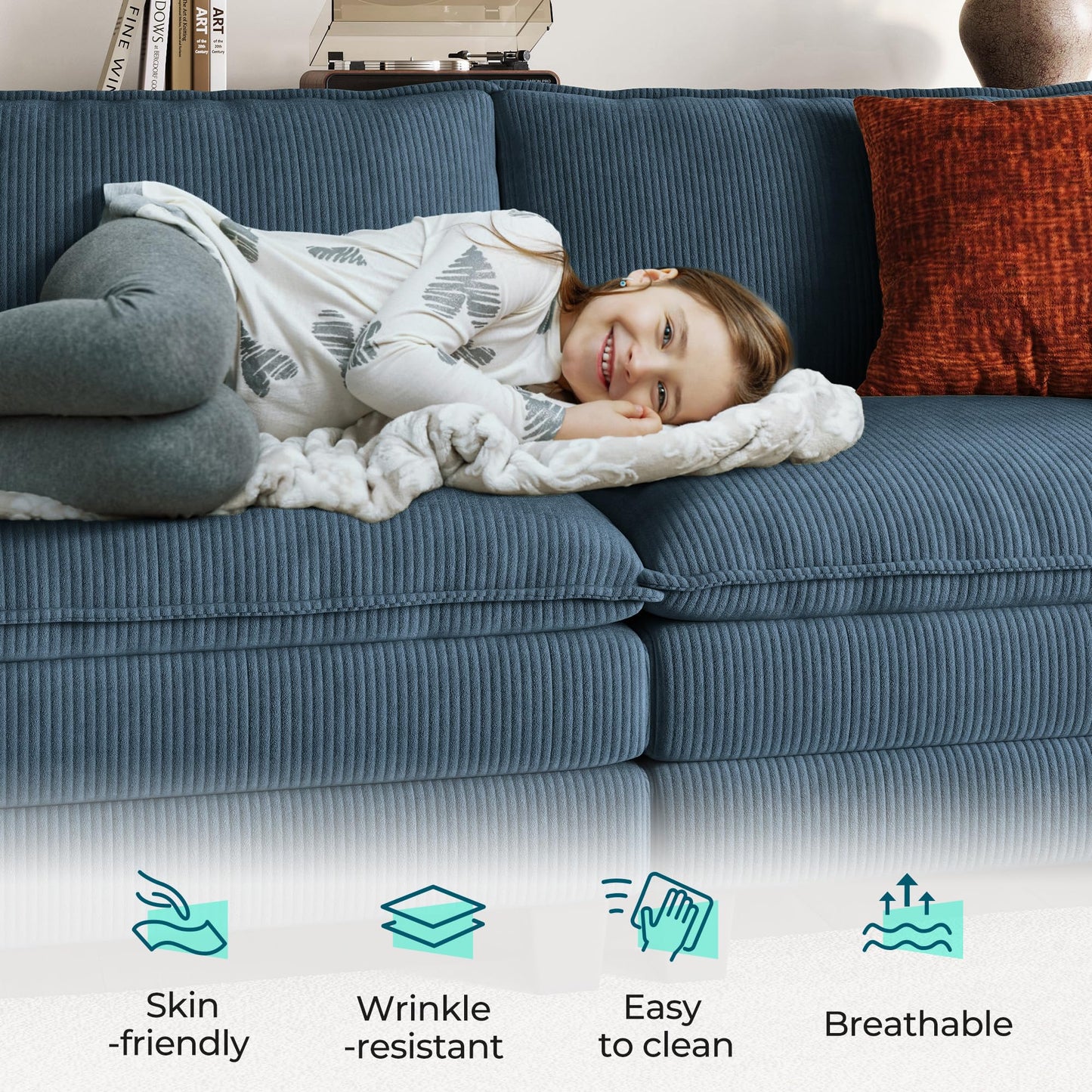 LINSY HOME Modular Sectional Sofa - Oversized Corduroy Cloud Couch with Movable Ottoman Soft Modern Comfy Sofa Set for Living Room Apartment Office, Blue