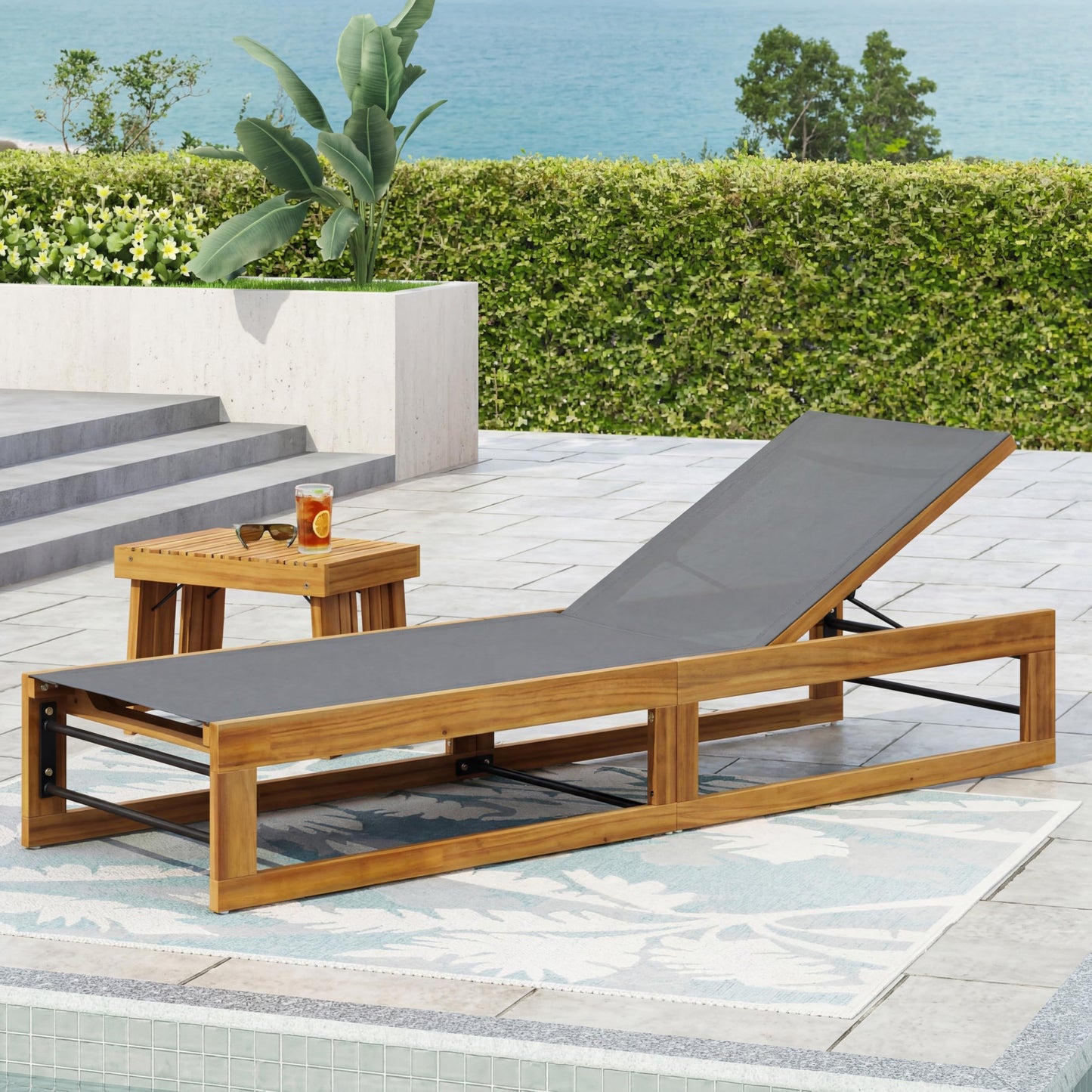 Christopher Knight Home Tristz Patio Chaise Lounge Chair Outdoor, Acacia Wood Sunbathing Pool Lounger with Breathable Mesh Seat, Adjustable Backrest Reclining Chair, Single Lounger, Dark Grey