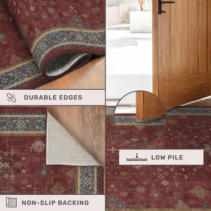 Turkish Kitchen Runner Rugs - Non-Skid Washable Design | Dark Red 2x6 for Hallway & Bathroom