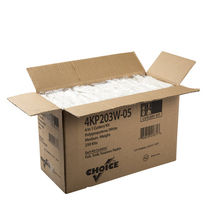 AmerCareRoyal 4-in-1 Disposable Silverware Medium Weight Plastic Utensil Set with Teaspoon, Fork, Knife and 12x13 inch Napkin - Individually Wrapped Cutlery Meal Kit, White, Case of 250
