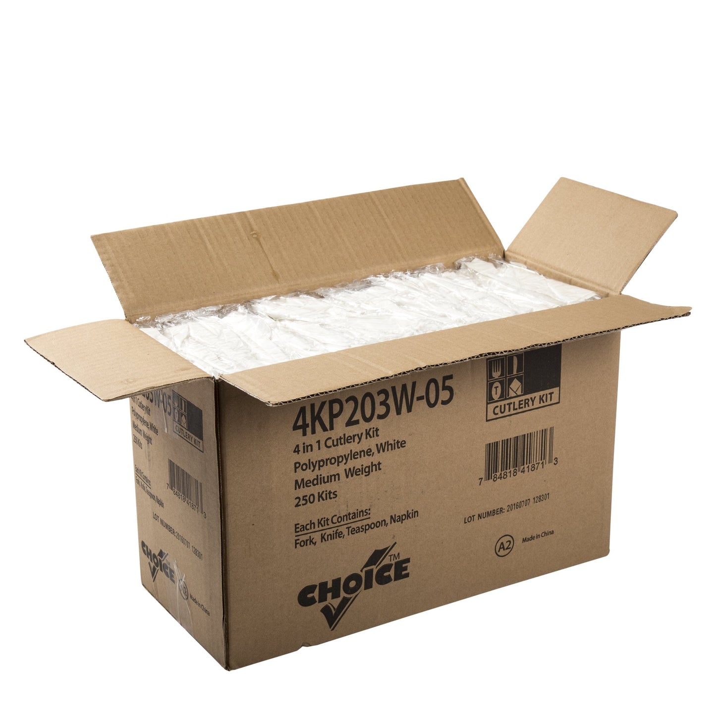 AmerCareRoyal 4-in-1 Disposable Silverware Medium Weight Plastic Utensil Set with Teaspoon, Fork, Knife and 12x13 inch Napkin - Individually Wrapped Cutlery Meal Kit, White, Case of 250