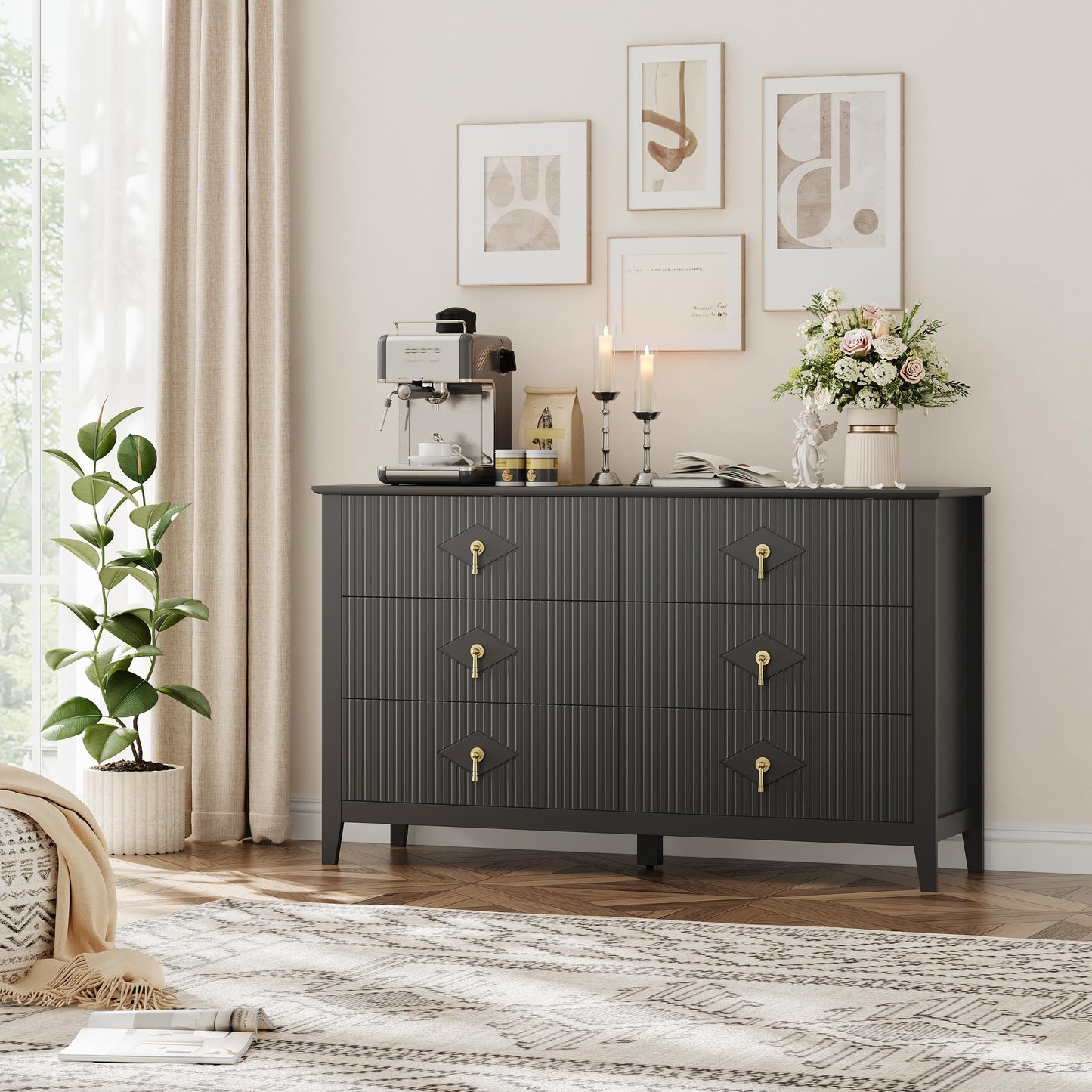 GarveeHome Fluted Dresser for Bedroom, 54 Inch Wide 6-Drawer Wood Dresser, Modern Chest of Drawers, Storage Organizer Cabinet for Living Room, Hallway, Entryway, Black