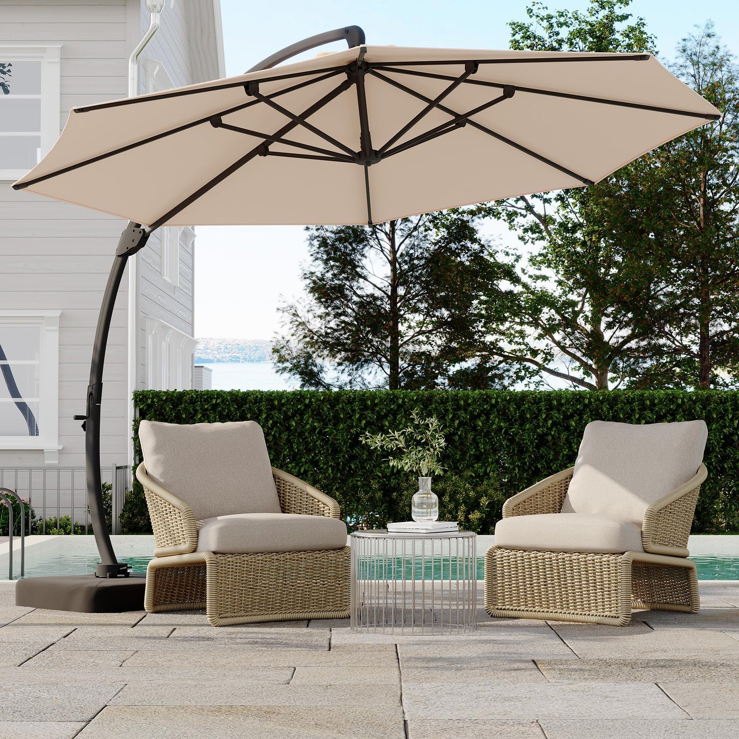 GarveeLife 11FT Cantilever Patio Umbrella With Base Included, Cantilevers Outdoor Umbrella Heavy Duty Offset, Aluminium Curved Cantilever Umbrella