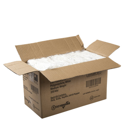 AmerCareRoyal 5-in-1 Disposable Silverware Medium Weight Plastic Utensil Set with Fork, Knife, Salt & Pepper Packets, 12x13 inch Napkin - Individually Wrapped Cutlery Meal Kit, White, Case of 250