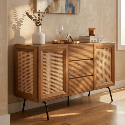 NTC MOSSIC Sideboard with 2 Doors and 3 Drawers, Buffet Cabinet with Natural Rattan and Metal Legs, Modern Storage Cabinet for Living Room, and Hallway, Effortless Assembly, Teak Look