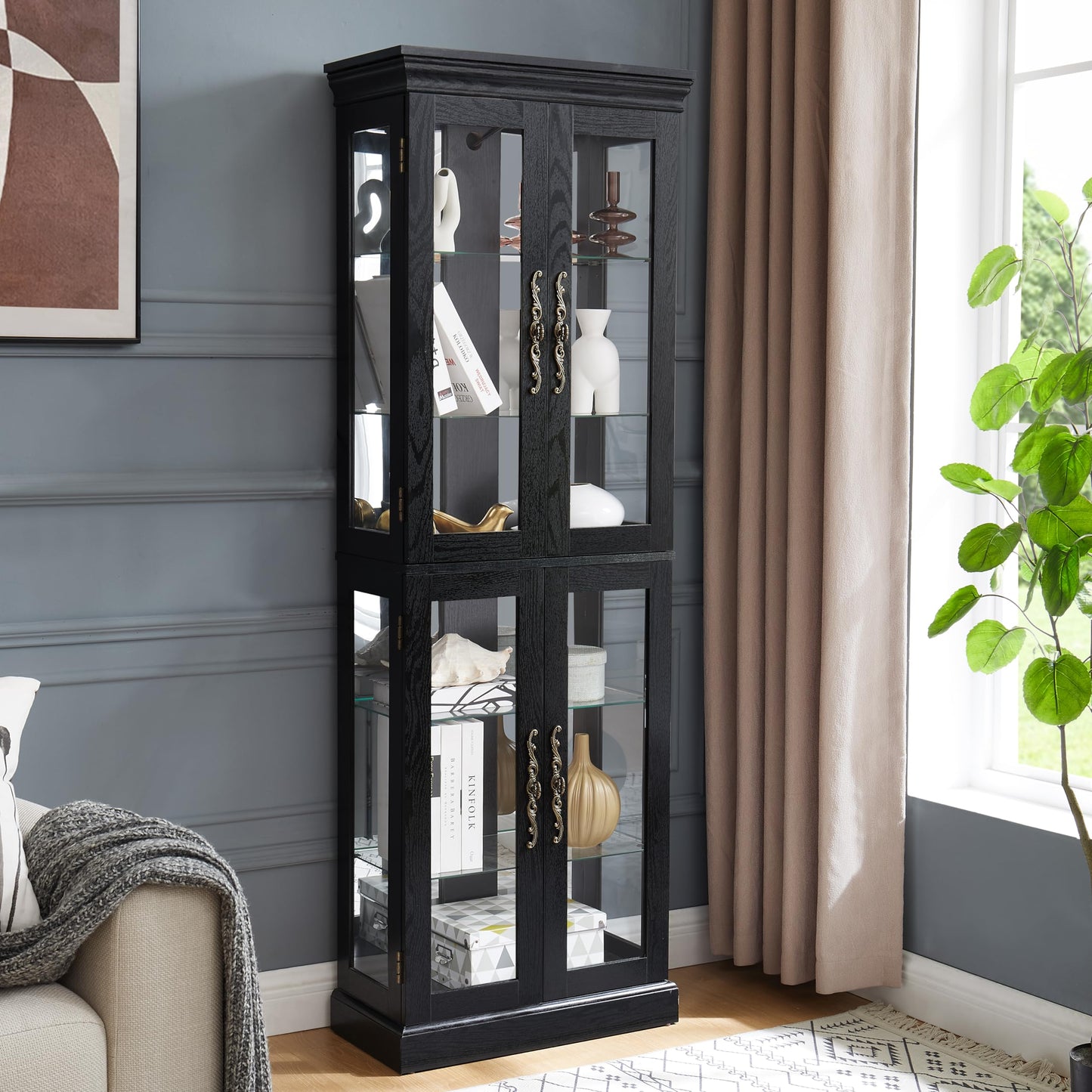 Elegant Lighted Glass Curio Display Cabinet Wooden Frame Storage for Living Room, Kitchen Includes Light Bulb Ideal for Wine, Toys Collectibles Black