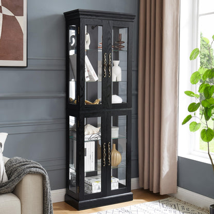 Elegant Lighted Glass Curio Display Cabinet Wooden Frame Storage for Living Room, Kitchen Includes Light Bulb Ideal for Wine, Toys Collectibles Black