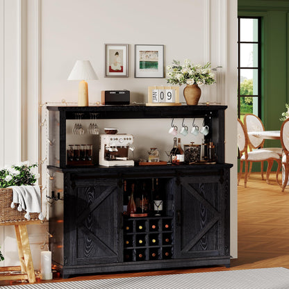 IDEALHOUSE 55" Farmhouse Coffee Bar Cabinet with Power Outlet & LED Light - Sliding Barn Door Buffet with Removable Wine Rack, 2-Tier Drawers, for Kitchen, Dining & Living Room, Black