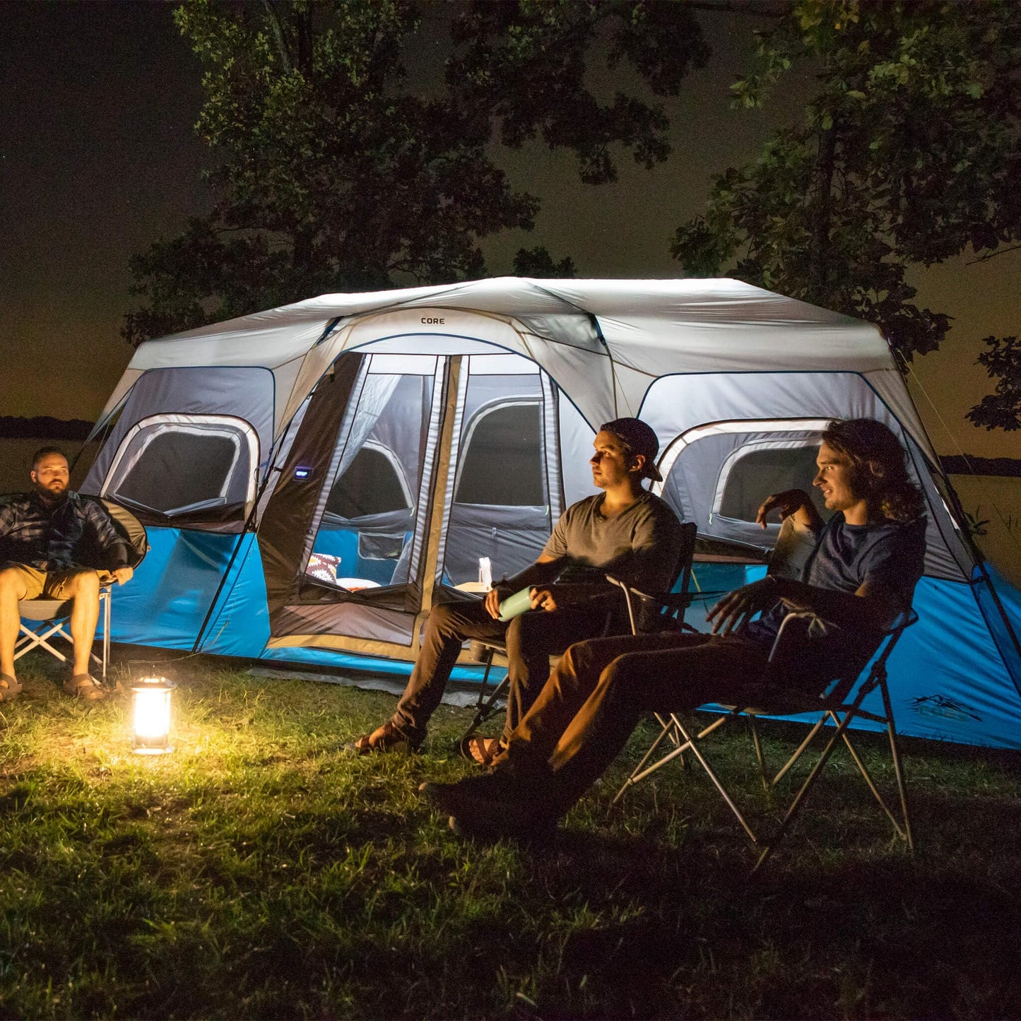 CORE 12 Person Instant Cabin Tent with LED Lights | Large 3 Room Family Lighted Pop Up Tent for 2 Minute Camp Setup | Included Storage Pockets for Camping Accessories