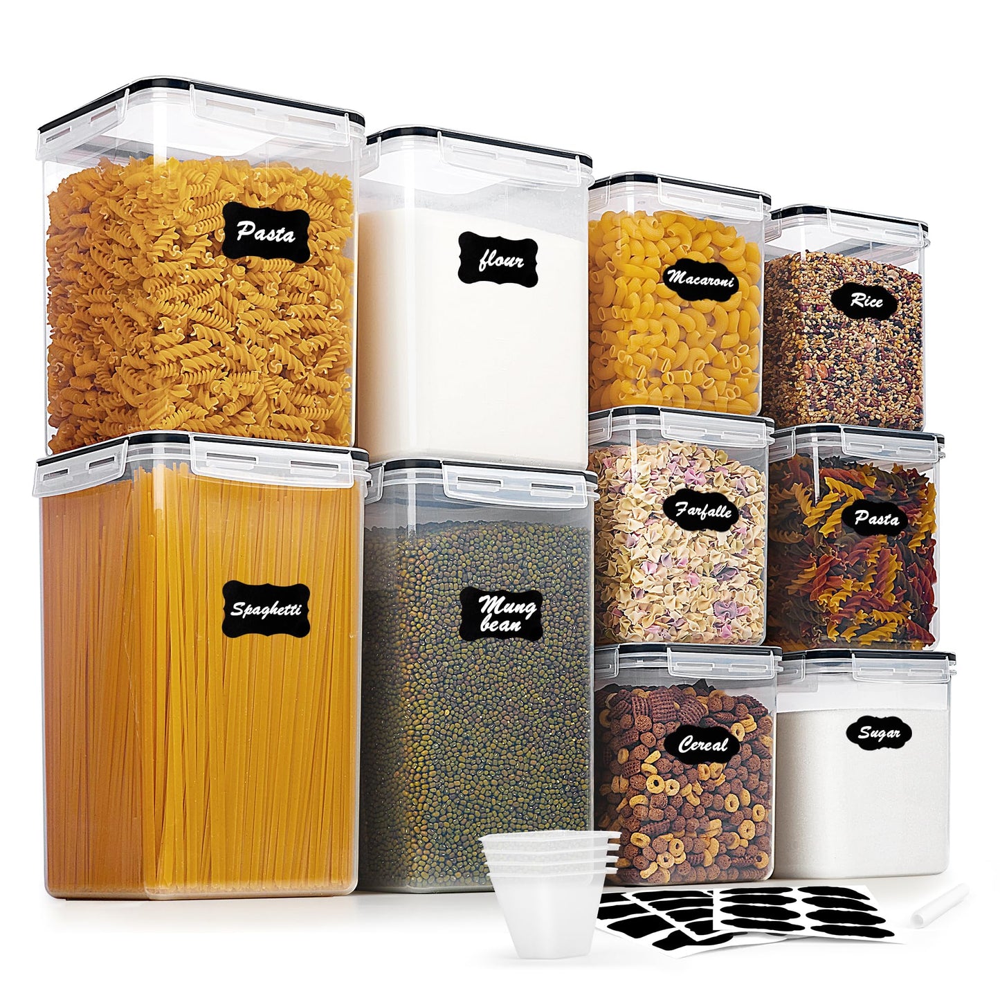 Vtopmart 10 PCS Flour and Sugar Storage Container, Large Airtight Food Canisters with Lids for Kitchen, Pantry Organization, BPA Free, Black