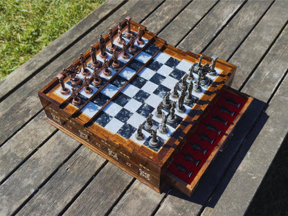 Luxury Handmade Wooden Chess Set with Storage Drawers – Large Walnut & Rosewood Chess Board with Weighted Metal British Pieces – Chess Set for Adults, Men & Dad
