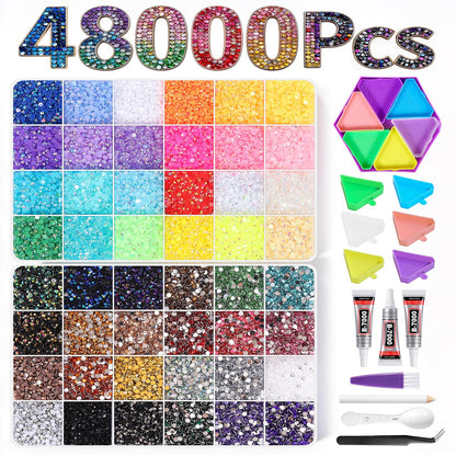 48000pcs Resin Jelly Rhinestones Bedazzling Gems Kit for DIY Stress Relief, 48 Colors Flat Back Pearls for Individual & Group Crafting
