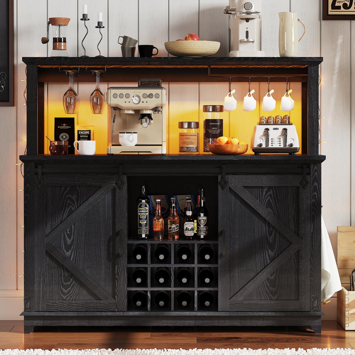 Farmhouse Coffee Bar Cabinet with Power Outlet & LED Lights,55" Sliding Barn Door Buffet with Removable Wine Rack & 2-Tier Drawers, Multi-Functional Storage Cabinet for Kitchen, Dining or Living Room
